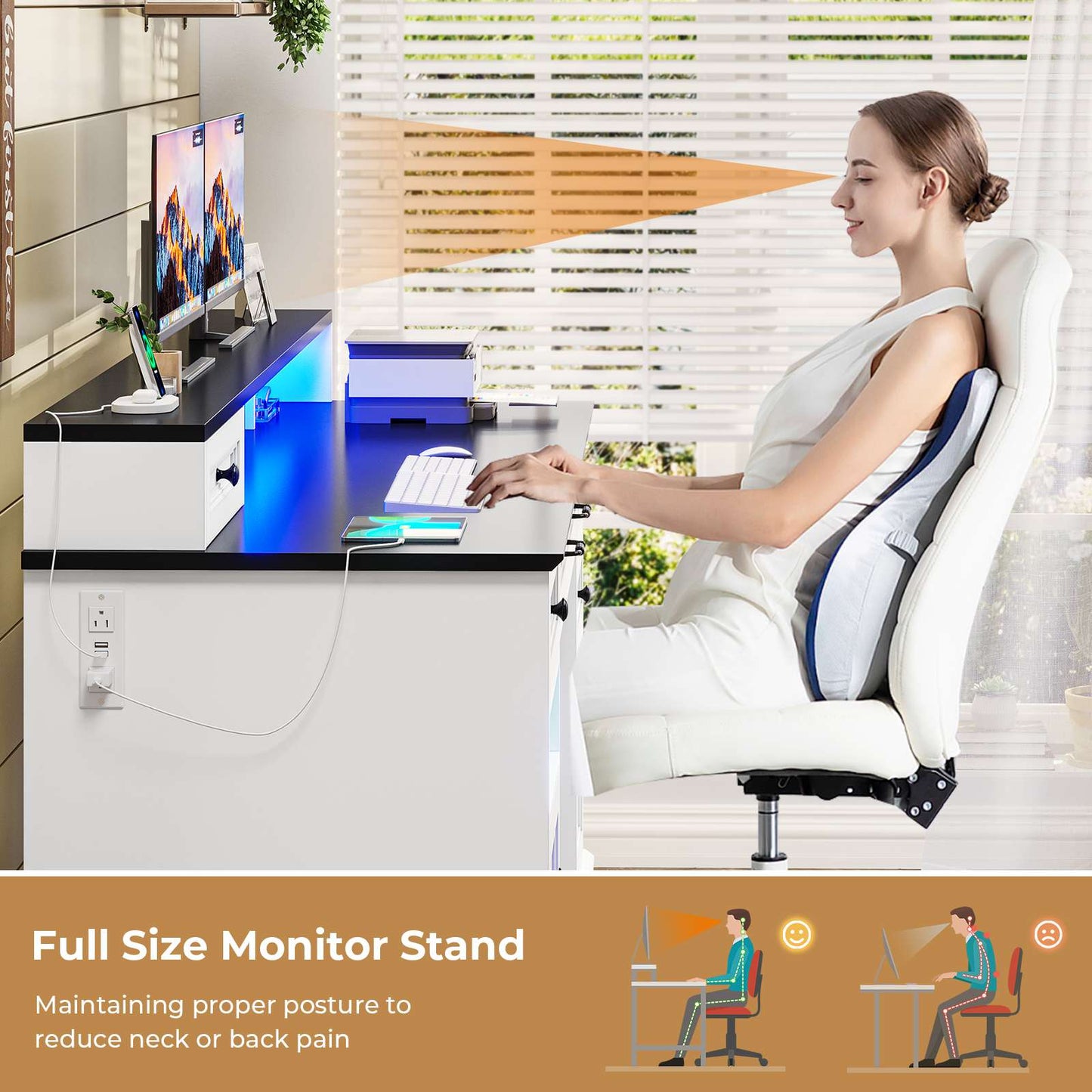 HAUOMS Desk with Drawers and Storage Cabinet Executive Computer Desk with Power Outlet Led Lights and Monitor Shelf for Home Office