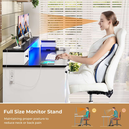HAUOMS Desk with Drawers and Storage Cabinet Executive Computer Desk with Power Outlet Led Lights and Monitor Shelf for Home Office