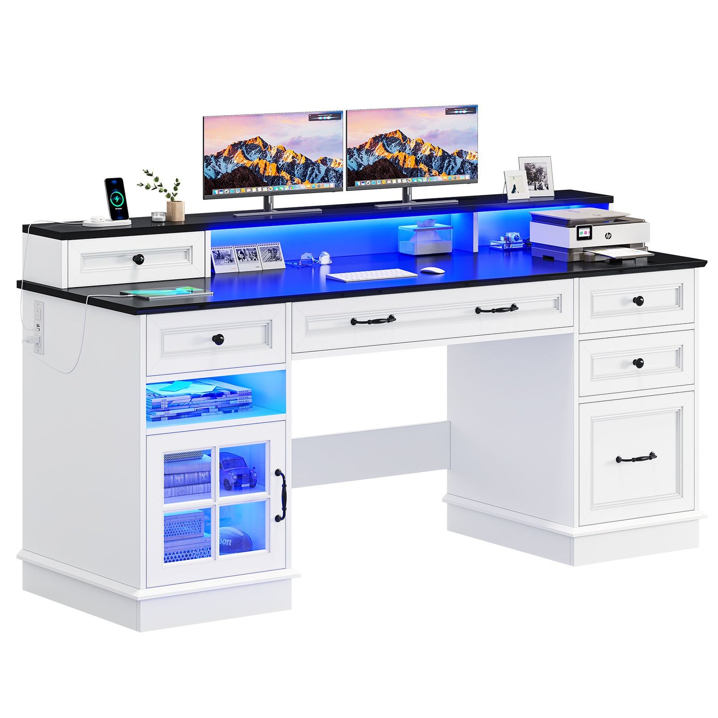 HAUOMS Desk with Drawers and Storage Cabinet Executive Computer Desk with Power Outlet Led Lights and Monitor Shelf for Home Office
