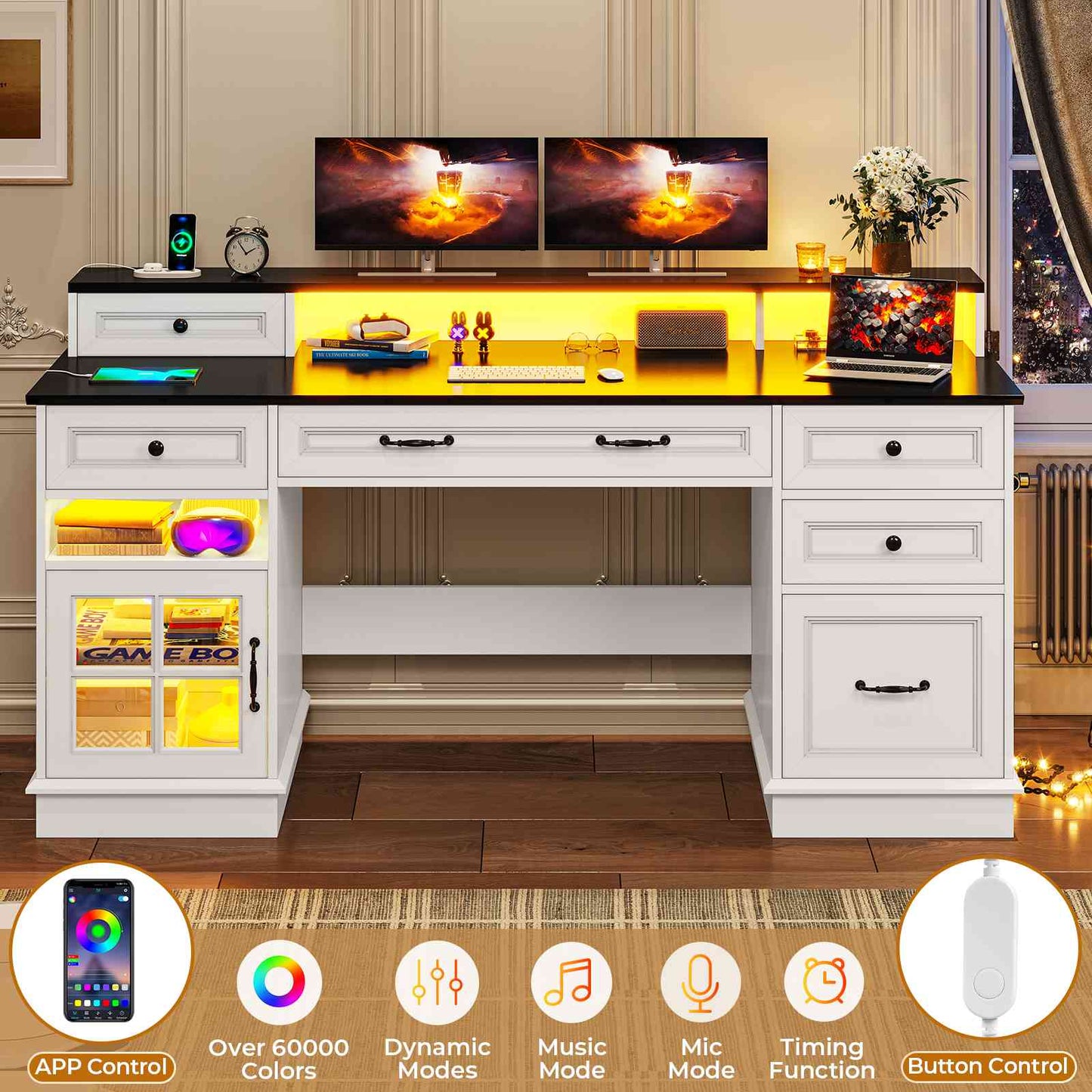 HAUOMS Desk with Drawers and Storage Cabinet Executive Computer Desk with Power Outlet Led Lights and Monitor Shelf for Home Office