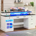 HAUOMS Desk with Drawers and Storage Cabinet Executive Computer Desk with Power Outlet Led Lights and Monitor Shelf for Home Office