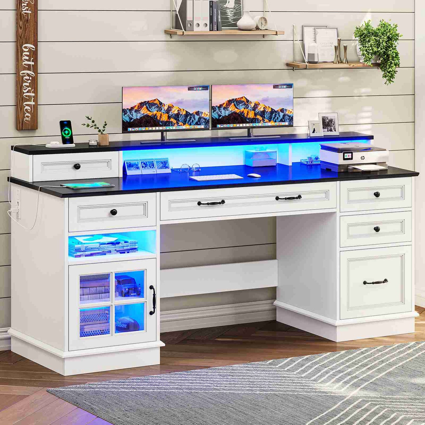 HAUOMS Desk with Drawers and Storage Cabinet Executive Computer Desk with Power Outlet Led Lights and Monitor Shelf for Home Office