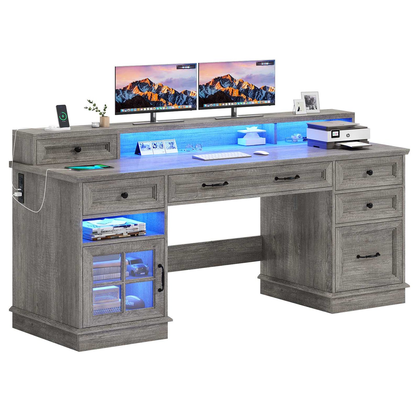 HAUOMS Desk with Drawers and Storage Cabinet Executive Computer Desk with Power Outlet Led Lights and Monitor Shelf for Home Office