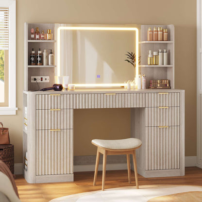 HAUOMS 51.2 Inch Makeup Vanity Desk with Mirror and Lights 5 Drawer Fluted Vanity with Power Strip 6 Shelves and 2 Cabinet