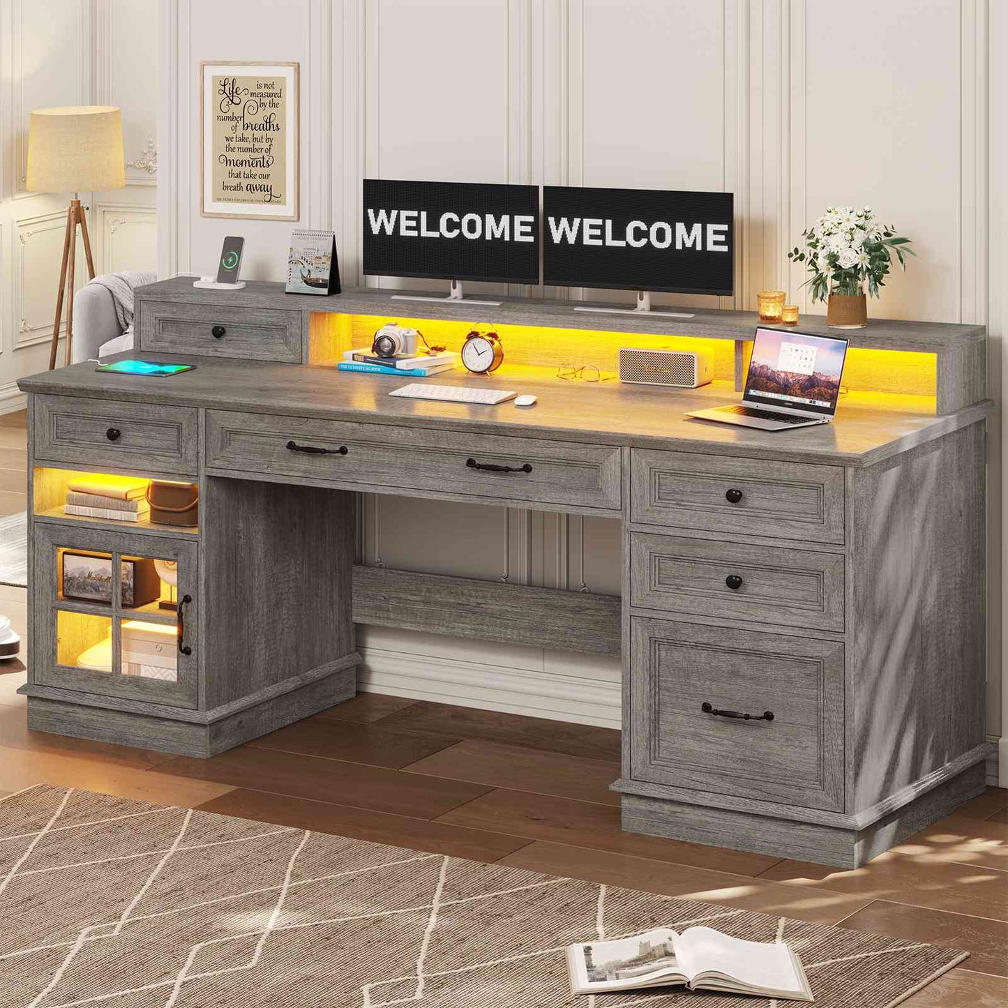 HAUOMS Desk with Drawers and Storage Cabinet Executive Computer Desk with Power Outlet Led Lights and Monitor Shelf for Home Office
