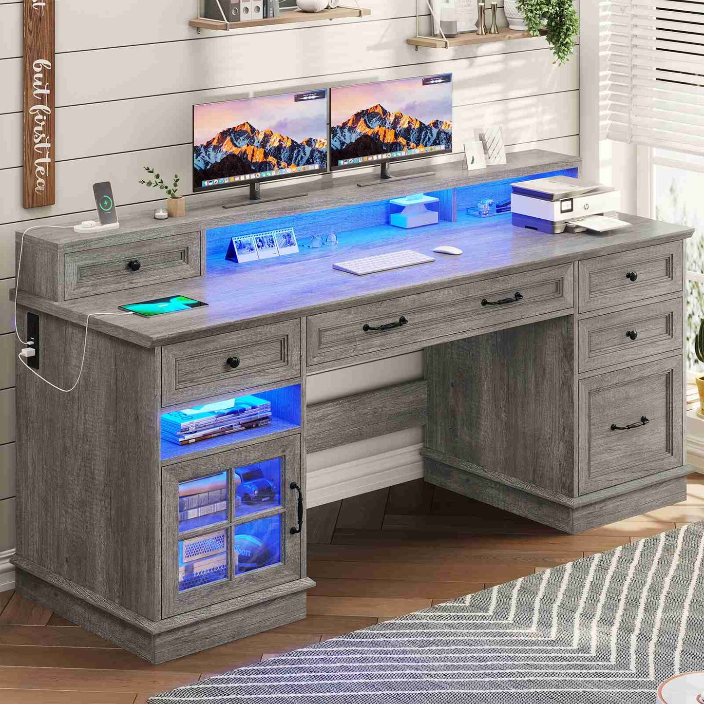 HAUOMS Desk with Drawers and Storage Cabinet Executive Computer Desk with Power Outlet Led Lights and Monitor Shelf for Home Office