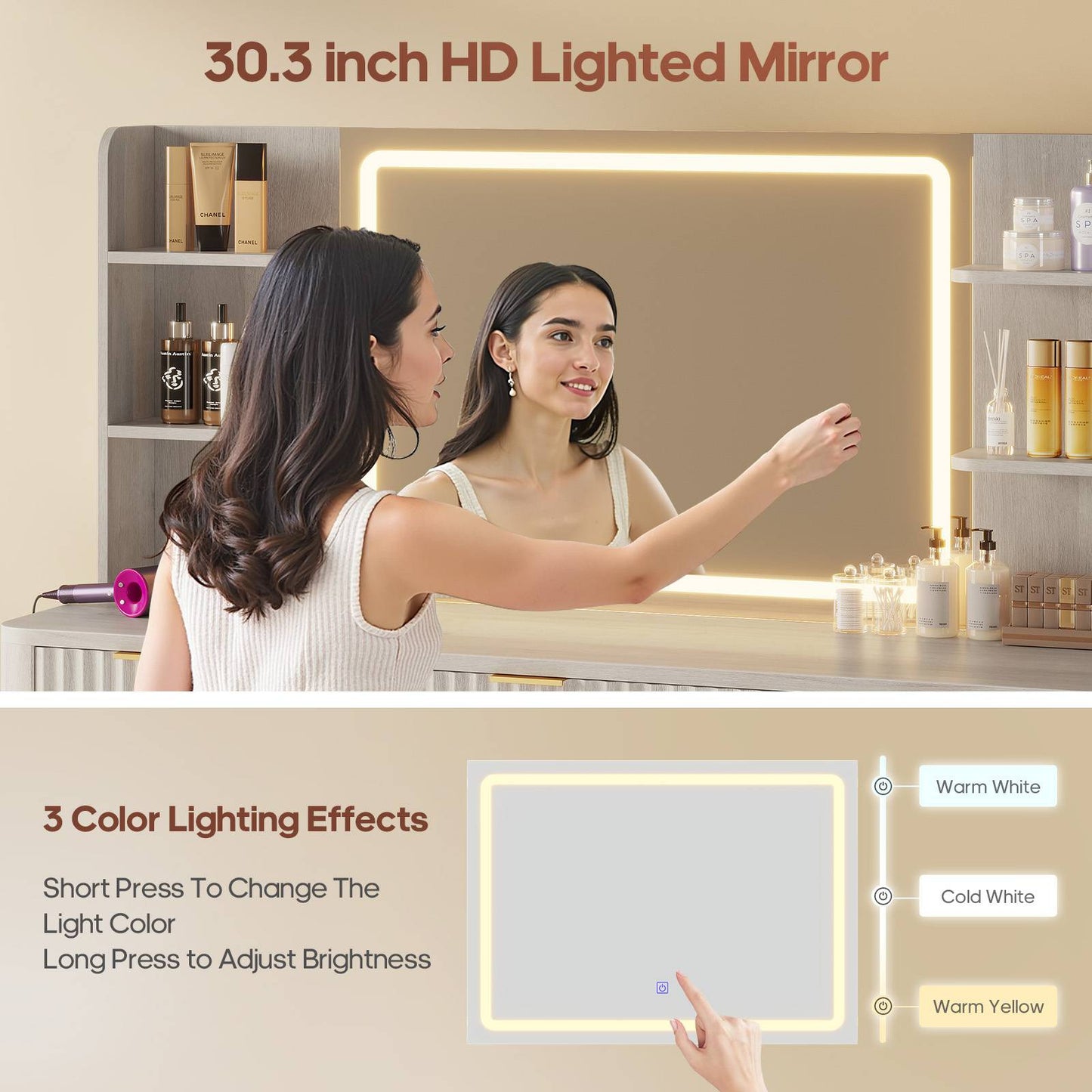 HAUOMS 51.2 Inch Makeup Vanity Desk with Mirror and Lights 5 Drawer Fluted Vanity with Power Strip 6 Shelves and 2 Cabinet