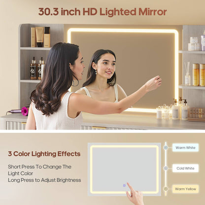 HAUOMS 51.2 Inch Makeup Vanity Desk with Mirror and Lights 5 Drawer Fluted Vanity with Power Strip 6 Shelves and 2 Cabinet