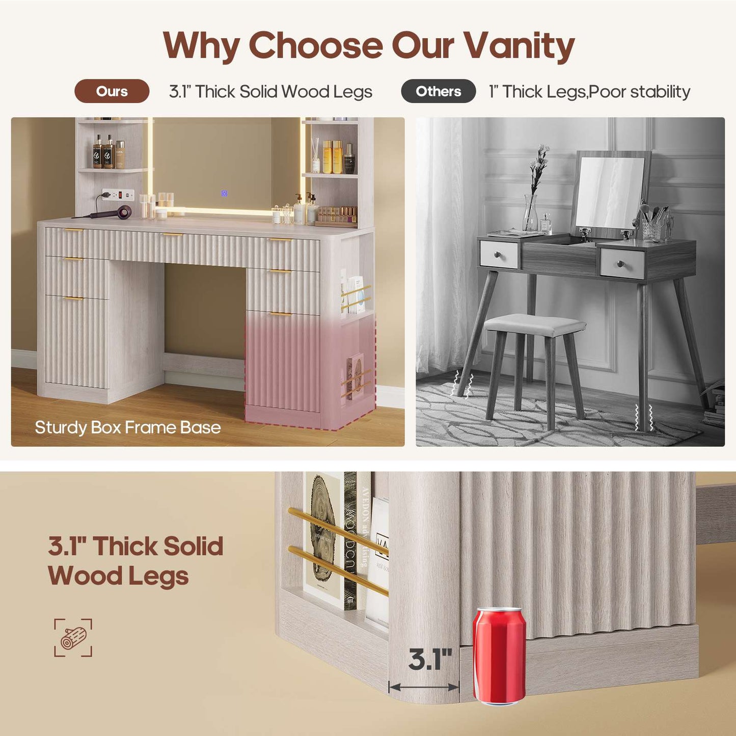HAUOMS 51.2 Inch Makeup Vanity Desk with Mirror and Lights 5 Drawer Fluted Vanity with Power Strip 6 Shelves and 2 Cabinet