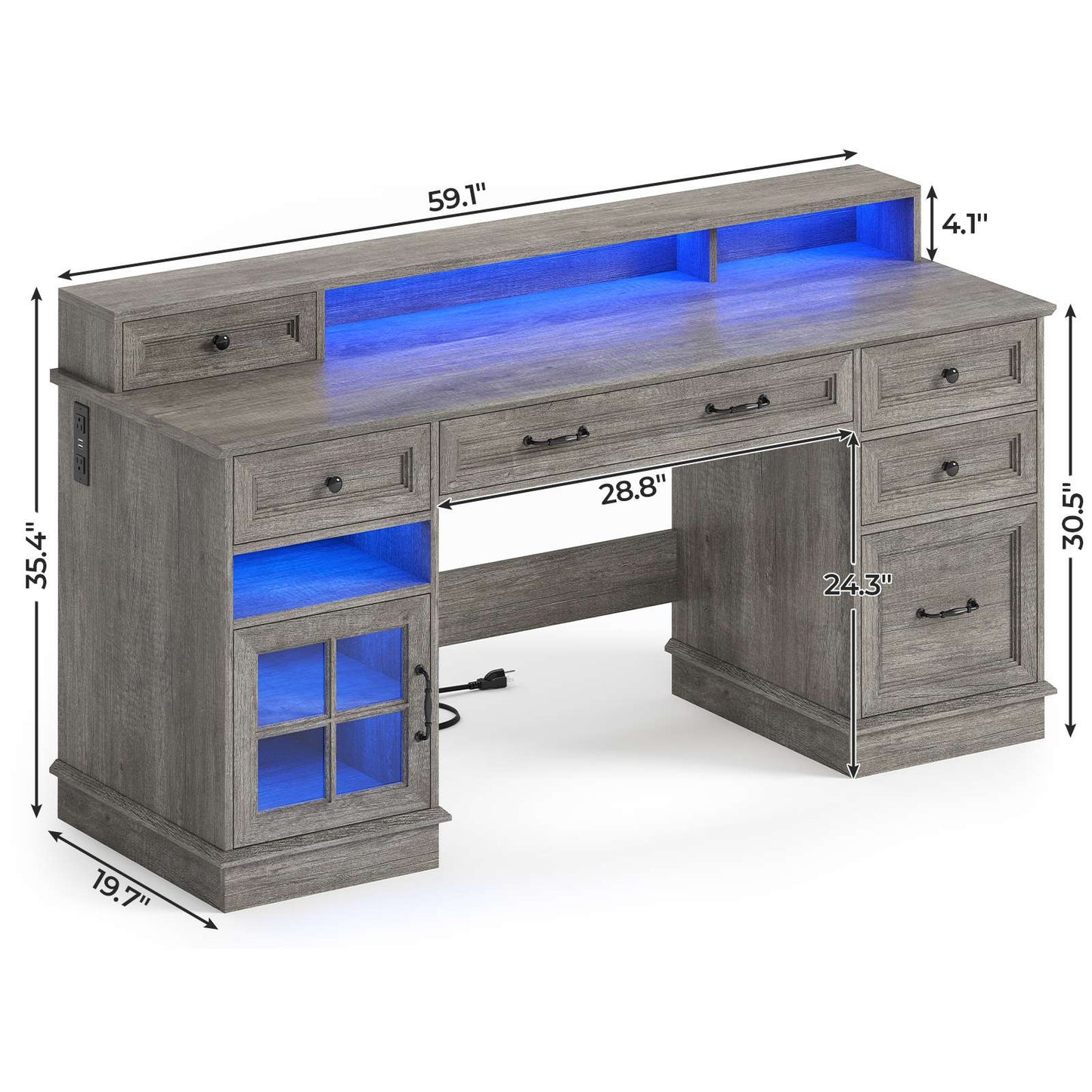HAUOMS Desk with Drawers and Storage Cabinet Executive Computer Desk with Power Outlet Led Lights and Monitor Shelf for Home Office