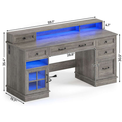 HAUOMS Desk with Drawers and Storage Cabinet Executive Computer Desk with Power Outlet Led Lights and Monitor Shelf for Home Office