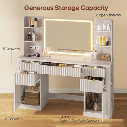 HAUOMS 51.2 Inch Makeup Vanity Desk with Mirror and Lights 5 Drawer Fluted Vanity with Power Strip 6 Shelves and 2 Cabinet