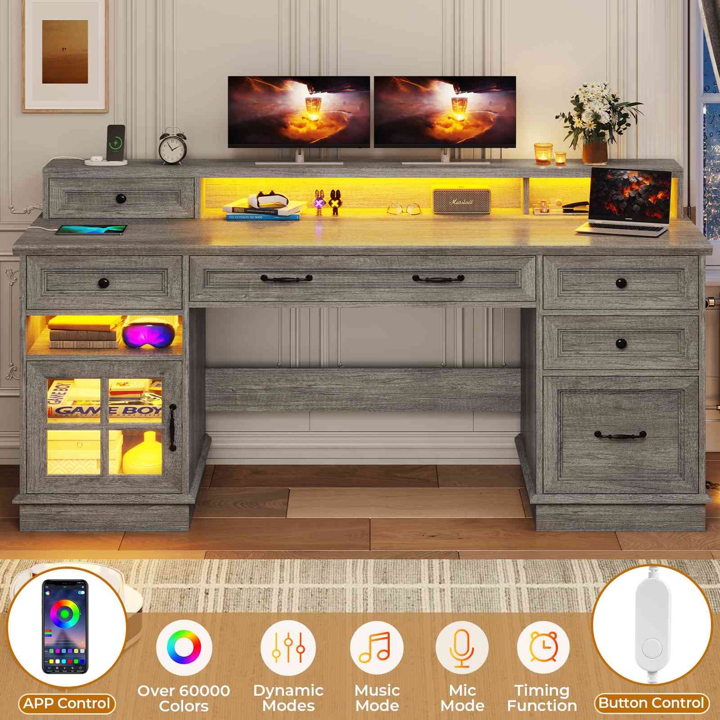 HAUOMS Desk with Drawers and Storage Cabinet Executive Computer Desk with Power Outlet Led Lights and Monitor Shelf for Home Office