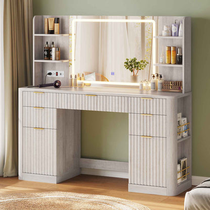 HAUOMS 51.2 Inch Makeup Vanity Desk with Mirror and Lights 5 Drawer Fluted Vanity with Power Strip 6 Shelves and 2 Cabinet