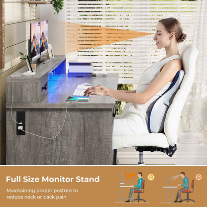 HAUOMS Desk with Drawers and Storage Cabinet Executive Computer Desk with Power Outlet Led Lights and Monitor Shelf for Home Office