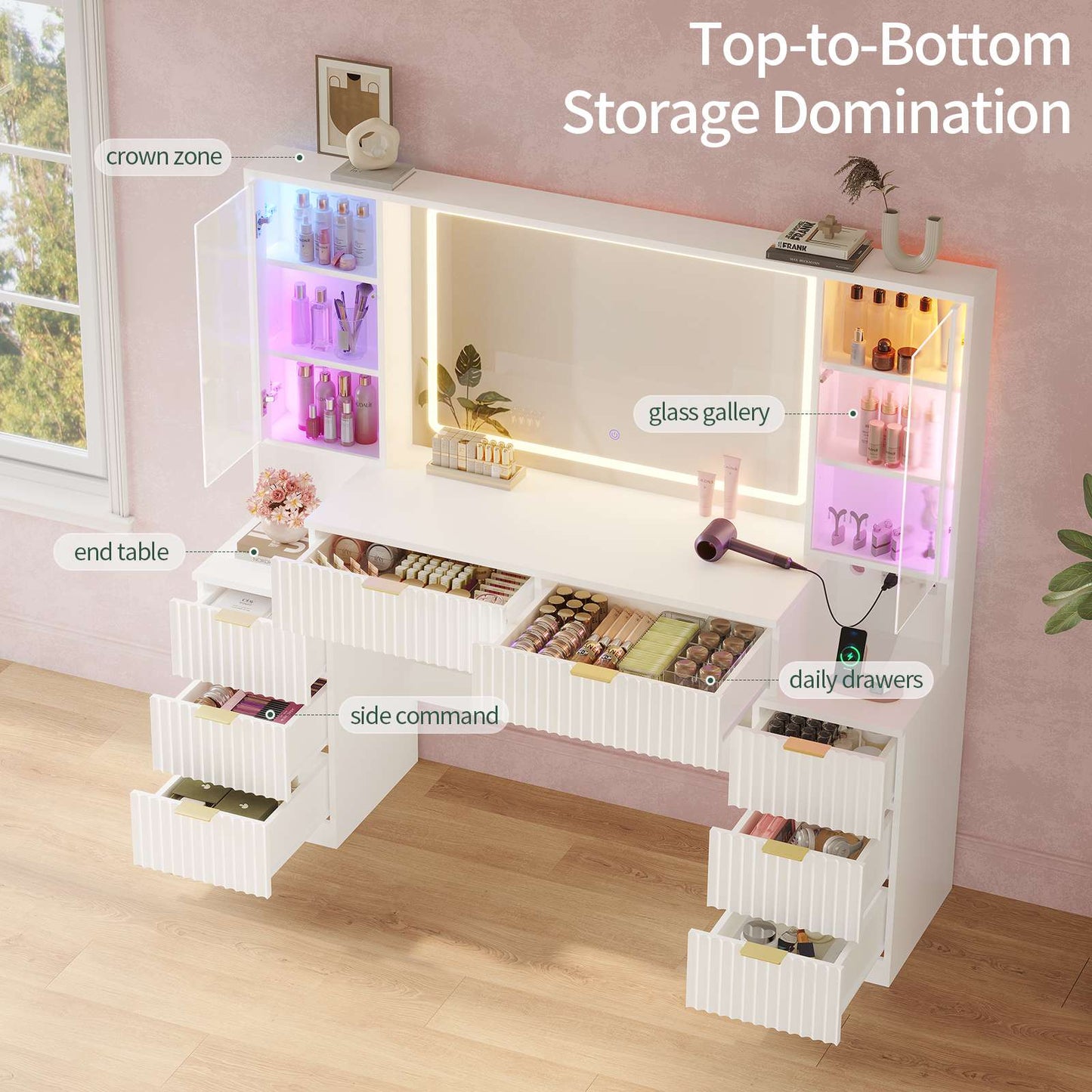 HAUOMS 59.1 Inch Vanity with Mirror and Sound Sync LED Lights Large Fluted Vanity Table with 8 Drawers Charging Station