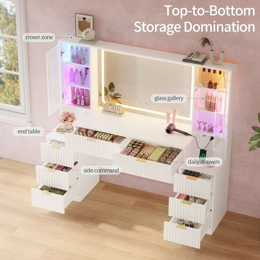 HAUOMS 59.1 Inch Vanity with Mirror and Sound Sync LED Lights Large Fluted Vanity Table with 8 Drawers Charging Station