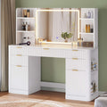 HAUOMS 51.2 Inch Makeup Vanity Desk with Mirror and Lights 5 Drawer Fluted Vanity with Power Strip 6 Shelves and 2 Cabinet