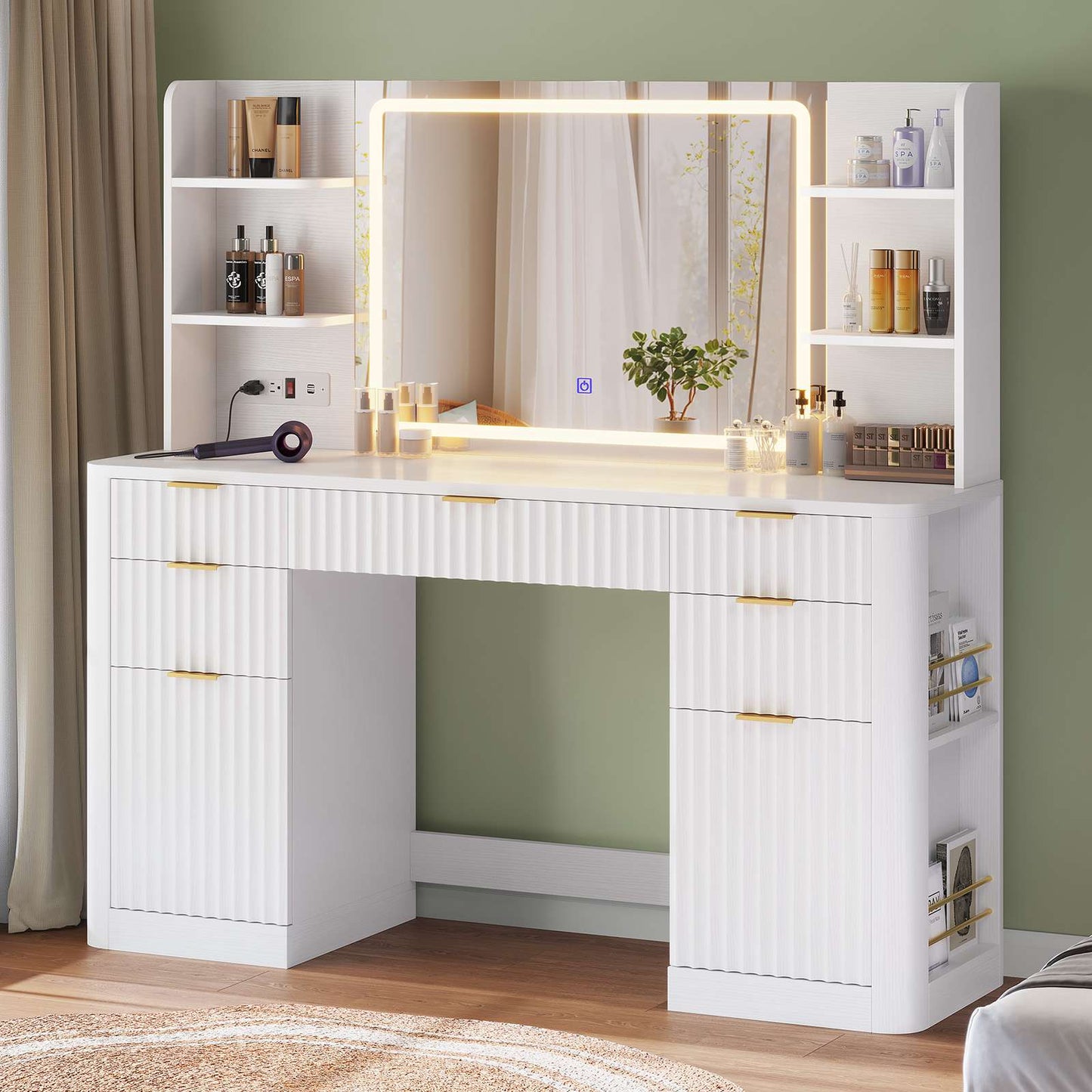 HAUOMS 51.2 Inch Makeup Vanity Desk with Mirror and Lights 5 Drawer Fluted Vanity with Power Strip 6 Shelves and 2 Cabinet