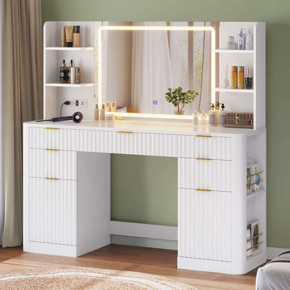 HAUOMS 51.2 Inch Makeup Vanity Desk with Mirror and Lights 5 Drawer Fluted Vanity with Power Strip 6 Shelves and 2 Cabinet