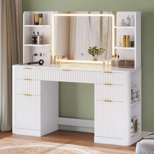 HAUOMS 51.2 Inch Makeup Vanity Desk with Mirror and Lights 5 Drawer Fluted Vanity with Power Strip 6 Shelves and 2 Cabinet