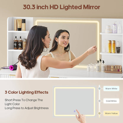 HAUOMS 51.2 Inch Makeup Vanity Desk with Mirror and Lights 5 Drawer Fluted Vanity with Power Strip 6 Shelves and 2 Cabinet
