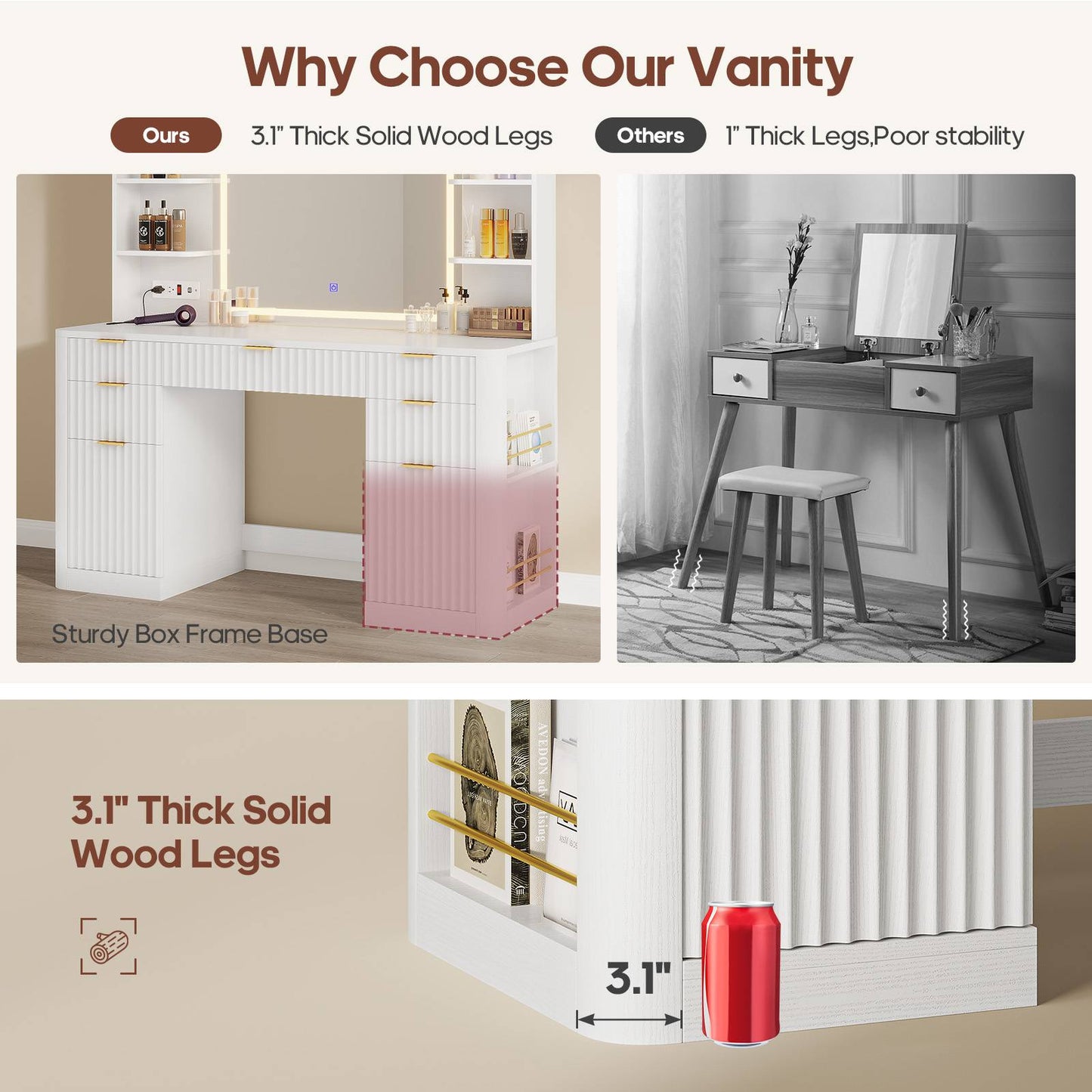 HAUOMS 51.2 Inch Makeup Vanity Desk with Mirror and Lights 5 Drawer Fluted Vanity with Power Strip 6 Shelves and 2 Cabinet