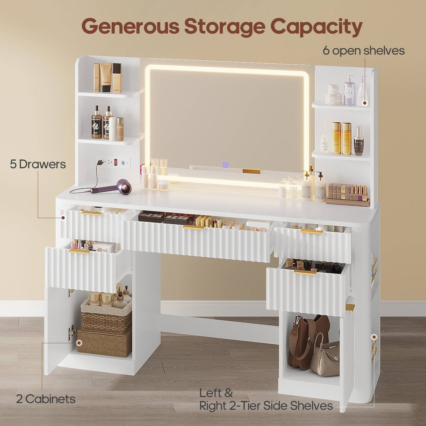 HAUOMS 51.2 Inch Makeup Vanity Desk with Mirror and Lights 5 Drawer Fluted Vanity with Power Strip 6 Shelves and 2 Cabinet