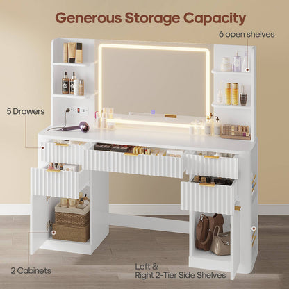 HAUOMS 51.2 Inch Makeup Vanity Desk with Mirror and Lights 5 Drawer Fluted Vanity with Power Strip 6 Shelves and 2 Cabinet