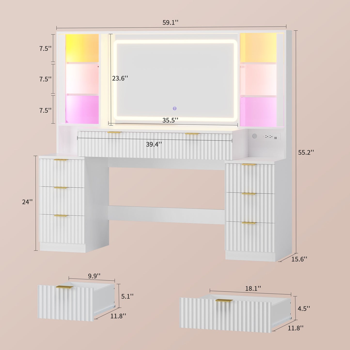 HAUOMS 59.1 Inch Vanity with Mirror and Sound Sync LED Lights Large Fluted Vanity Table with 8 Drawers Charging Station