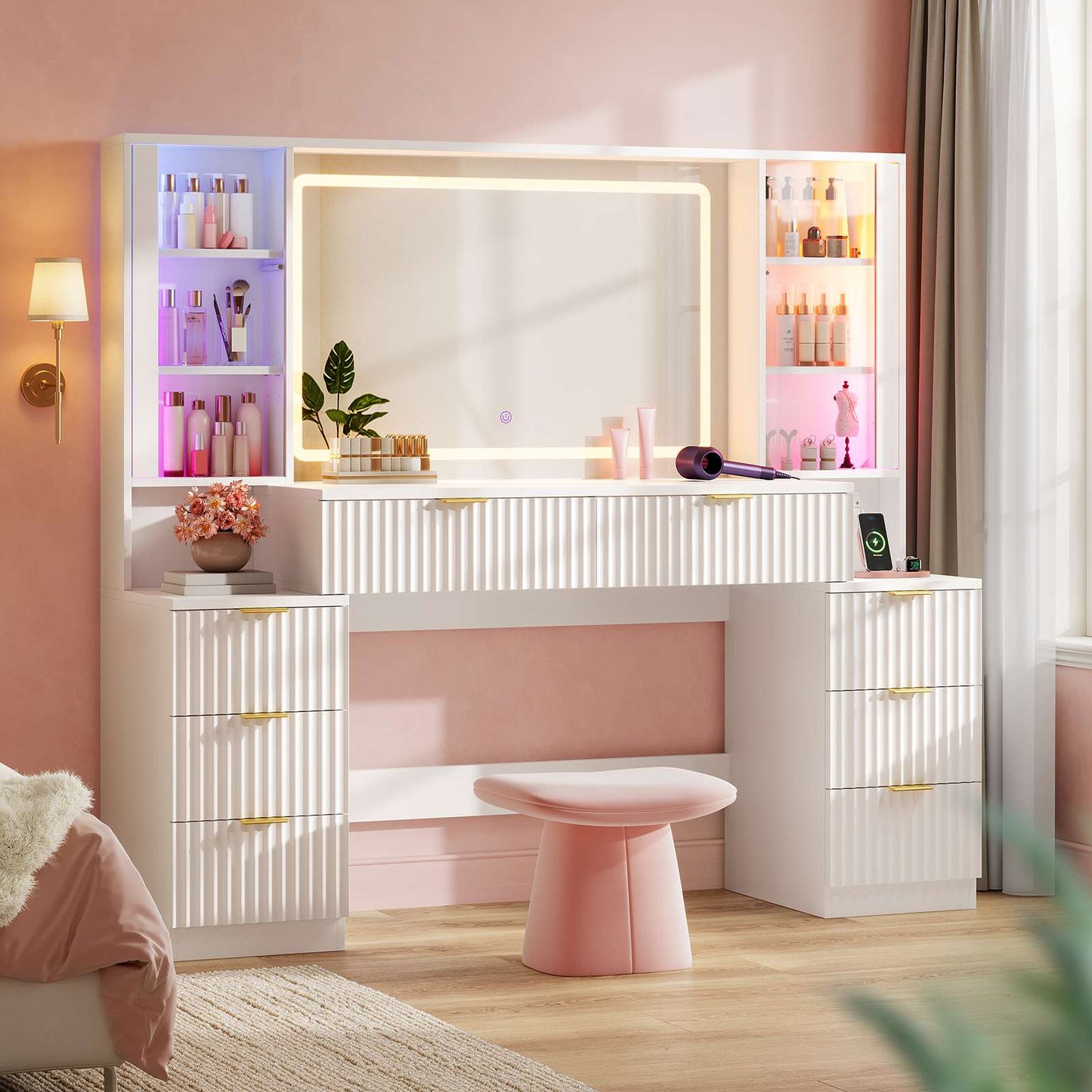HAUOMS 59.1 Inch Vanity with Mirror and Sound Sync LED Lights Large Fluted Vanity Table with 8 Drawers Charging Station