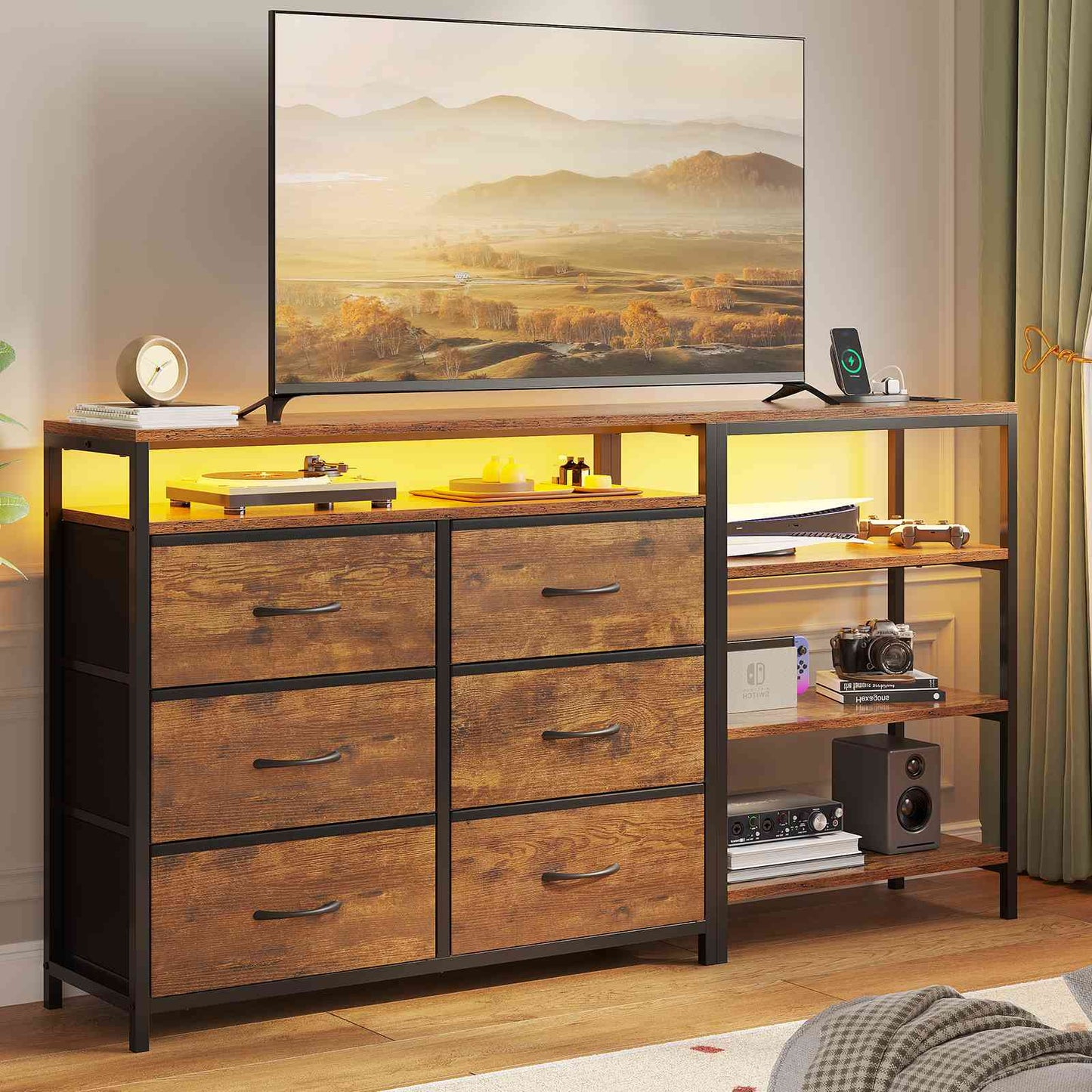 HAUOMS 60 Inch TV Stand with Power Outlets and LED Lights Convertible Dresser with Open Shelf and 6 Drawers