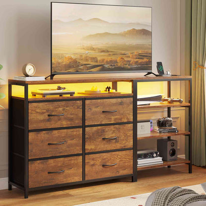 HAUOMS 60 Inch TV Stand with Power Outlets and LED Lights Convertible Dresser with Open Shelf and 6 Drawers