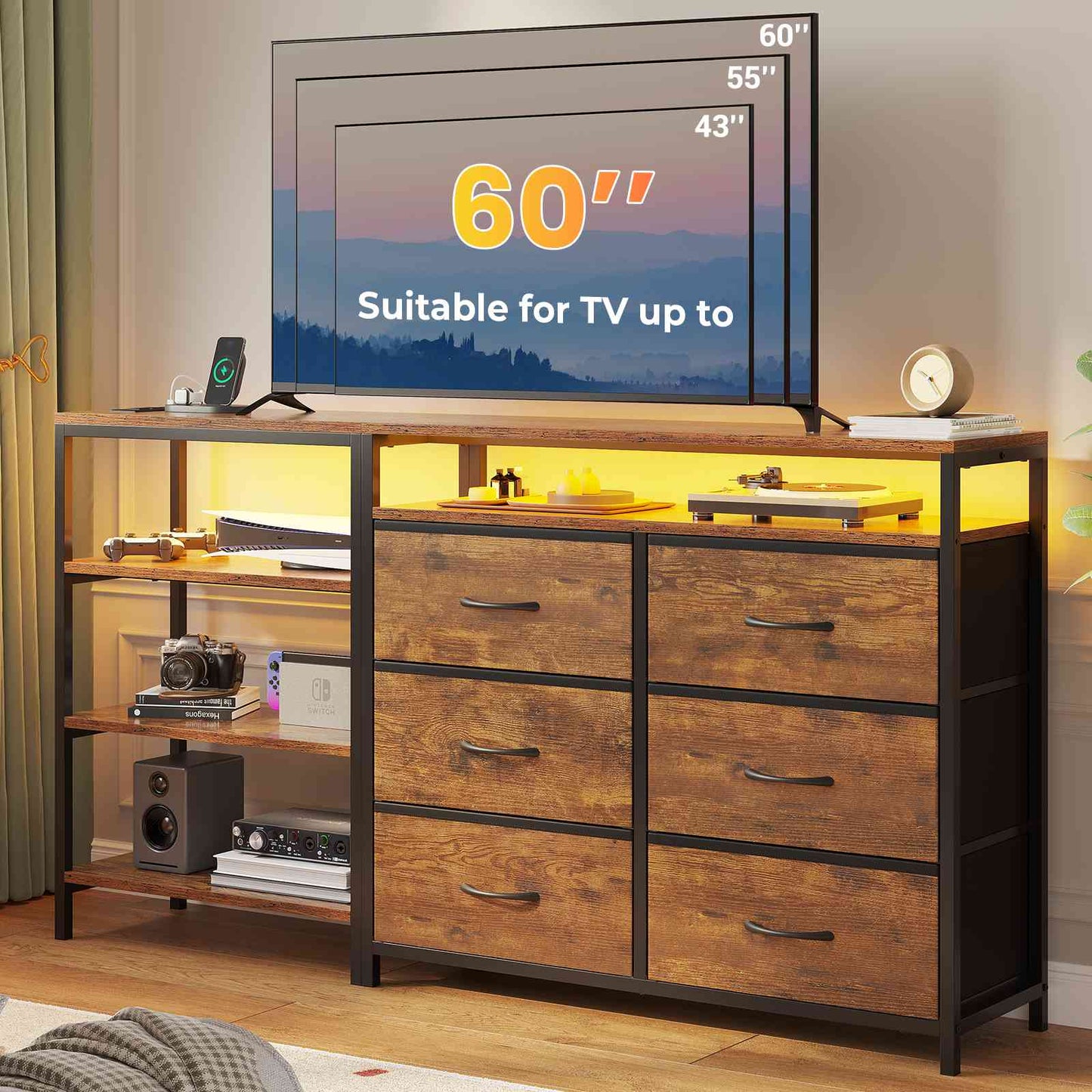 HAUOMS 60 Inch TV Stand with Power Outlets and LED Lights Convertible Dresser with Open Shelf and 6 Drawers
