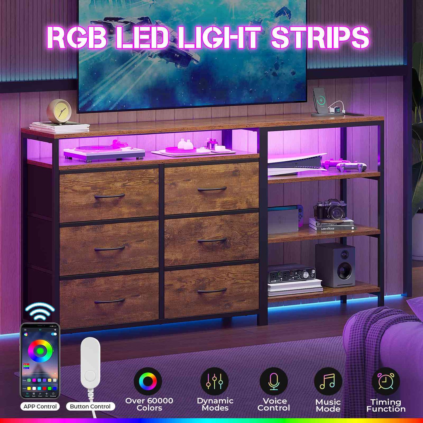 HAUOMS 60 Inch TV Stand with Power Outlets and LED Lights Convertible Dresser with Open Shelf and 6 Drawers