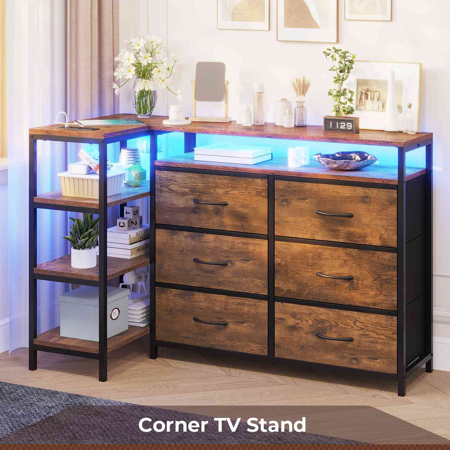 HAUOMS 60 Inch TV Stand with Power Outlets and LED Lights Convertible Dresser with Open Shelf and 6 Drawers