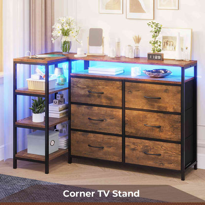 HAUOMS 60 Inch TV Stand with Power Outlets and LED Lights Convertible Dresser with Open Shelf and 6 Drawers