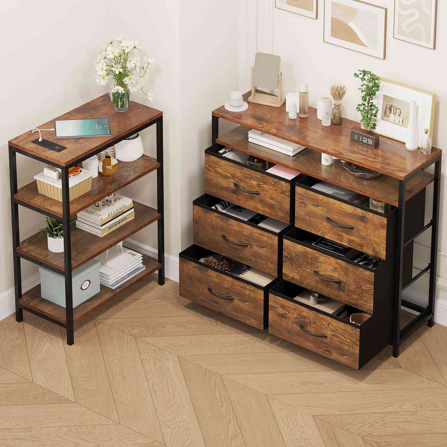 HAUOMS 60 Inch TV Stand with Power Outlets and LED Lights Convertible Dresser with Open Shelf and 6 Drawers