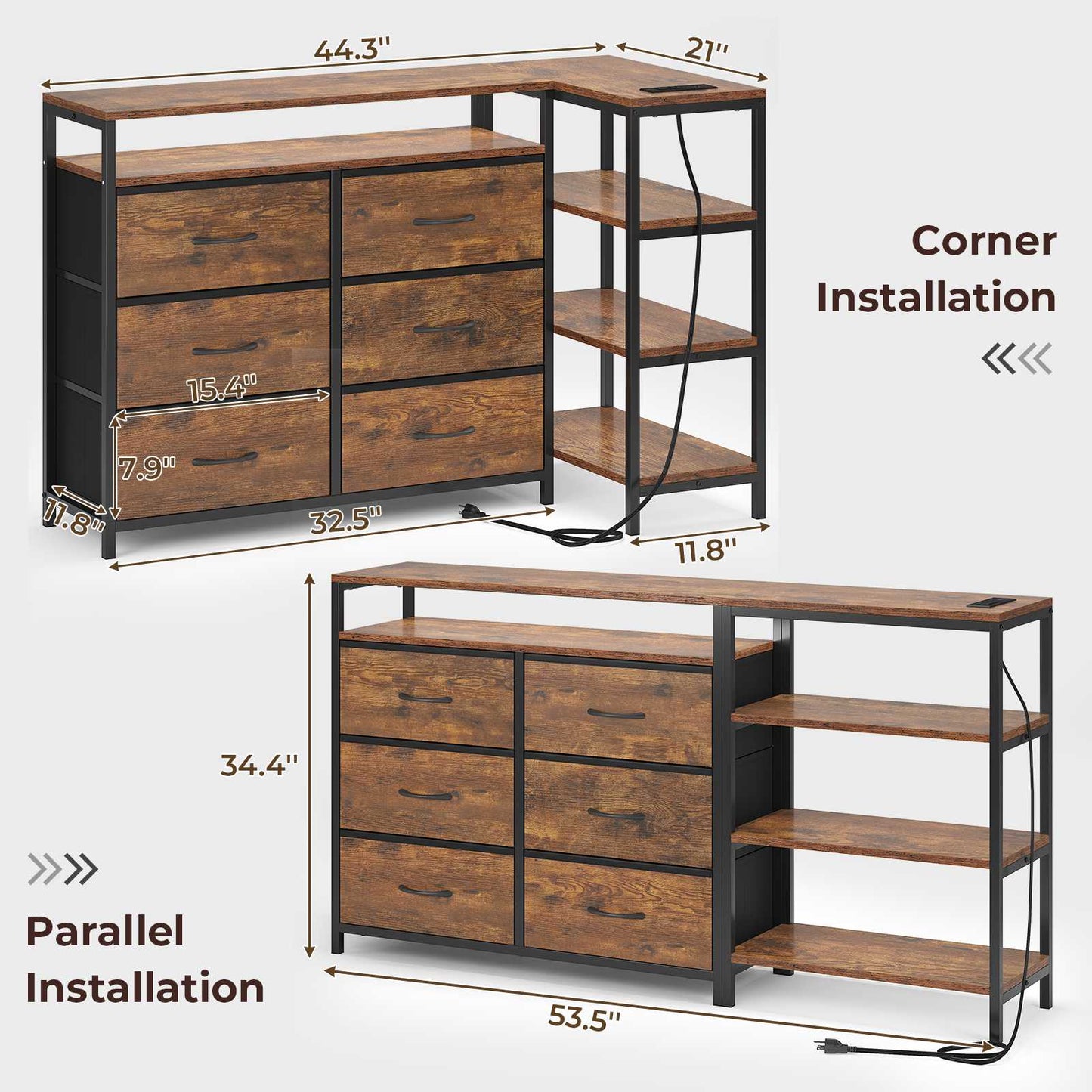 HAUOMS 60 Inch TV Stand with Power Outlets and LED Lights Convertible Dresser with Open Shelf and 6 Drawers