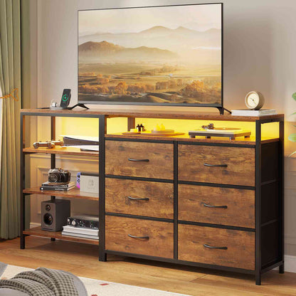 HAUOMS 60 Inch TV Stand with Power Outlets and LED Lights Convertible Dresser with Open Shelf and 6 Drawers