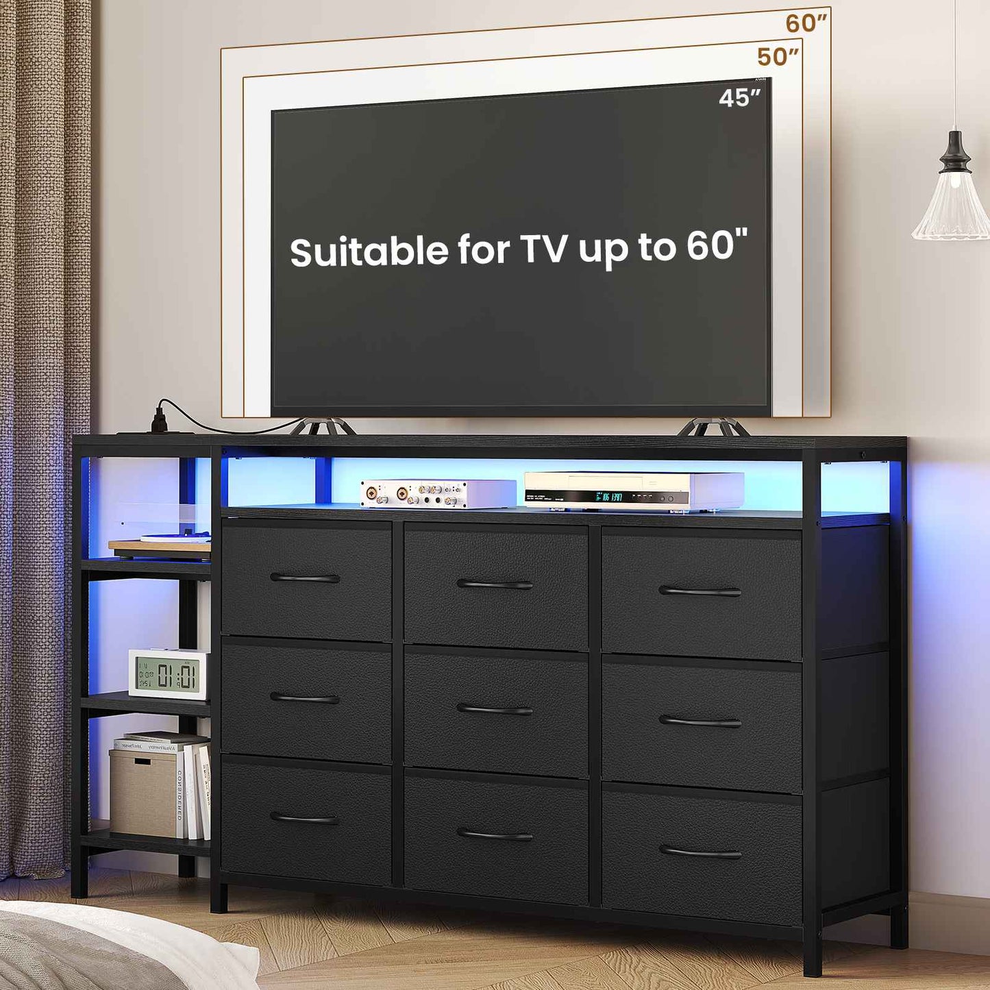HAUOMS 60 Inches TV Stand with Charging Station LED Lights TV Console Table with  9 Drawers and Open Shelves for Living Room Bedroom