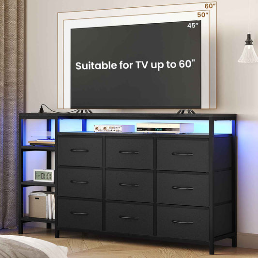 HAUOMS 60 Inches TV Stand with Charging Station LED Lights TV Console Table with  9 Drawers and Open Shelves for Living Room Bedroom