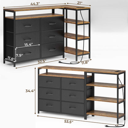 HAUOMS 60 Inch TV Stand with Power Outlets and LED Lights Convertible Dresser with Open Shelf and 6 Drawers