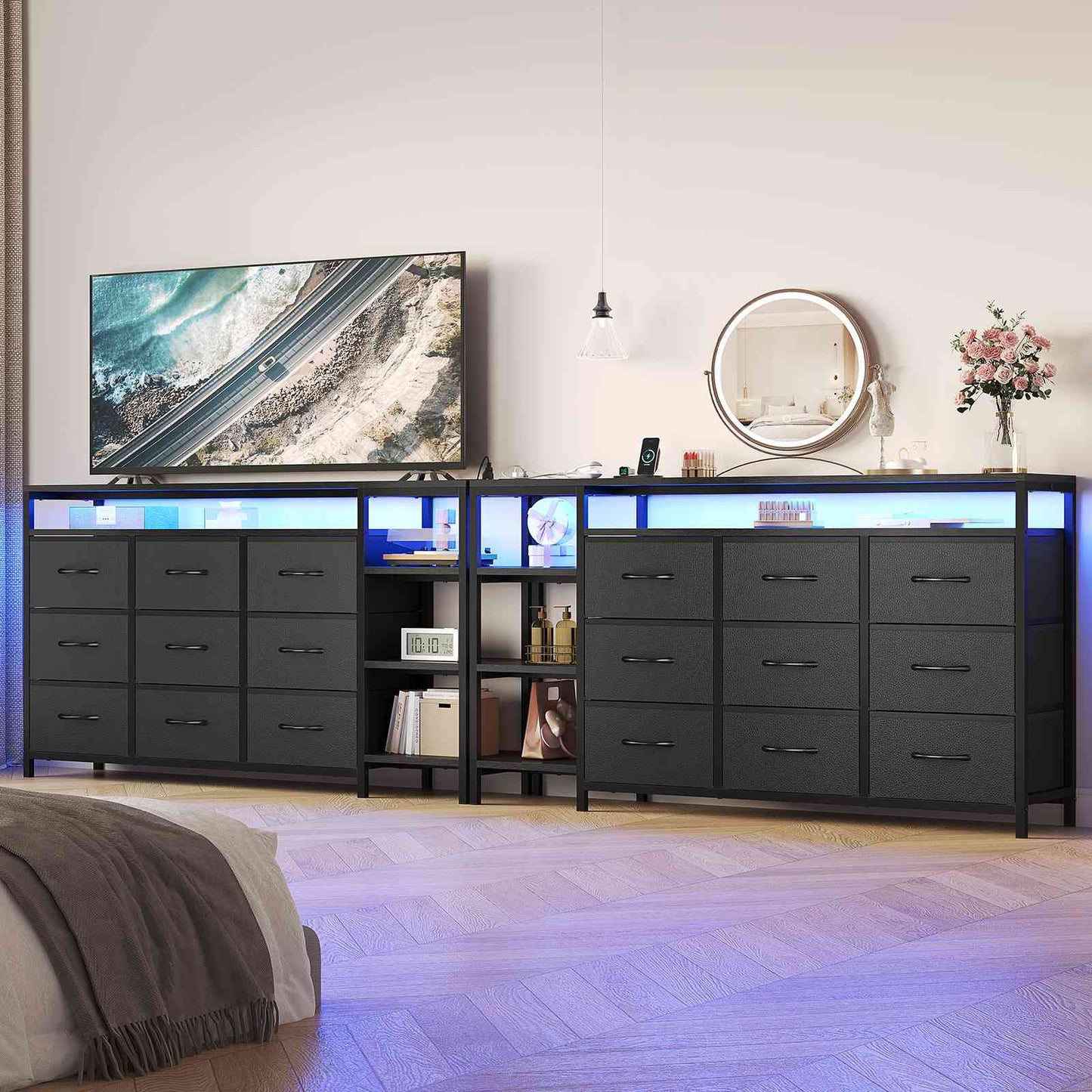 HAUOMS 60 Inches TV Stand with Charging Station LED Lights TV Console Table with  9 Drawers and Open Shelves for Living Room Bedroom