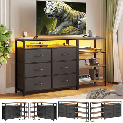 HAUOMS 60 Inch TV Stand with Power Outlets and LED Lights Convertible Dresser with Open Shelf and 6 Drawers