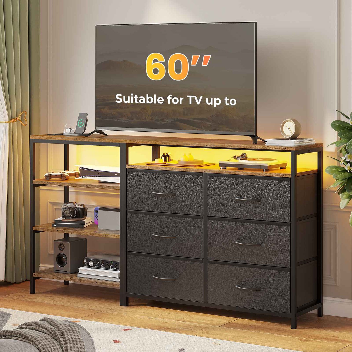 HAUOMS 60 Inch TV Stand with Power Outlets and LED Lights Convertible Dresser with Open Shelf and 6 Drawers