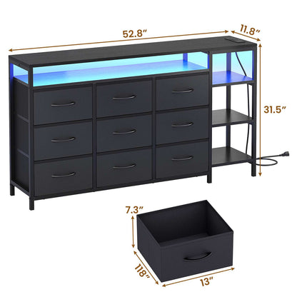 HAUOMS 60 Inches TV Stand with Charging Station LED Lights TV Console Table with  9 Drawers and Open Shelves for Living Room Bedroom