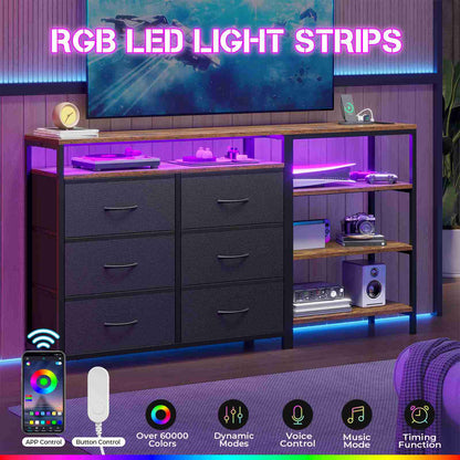 HAUOMS 60 Inch TV Stand with Power Outlets and LED Lights Convertible Dresser with Open Shelf and 6 Drawers