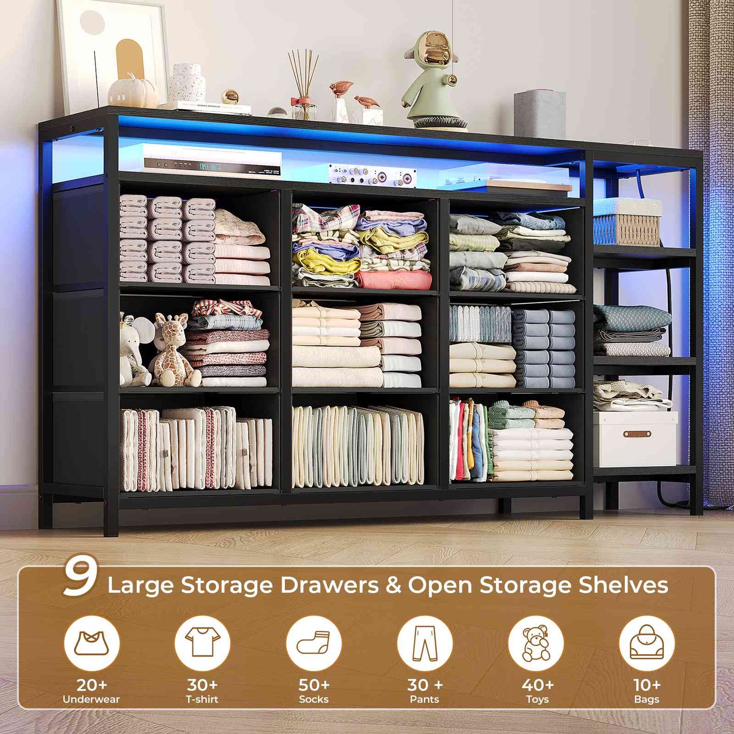 HAUOMS 60 Inches TV Stand with Charging Station LED Lights TV Console Table with  9 Drawers and Open Shelves for Living Room Bedroom