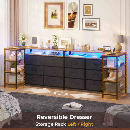 HAUOMS 60 Inch TV Stand with Power Outlets and LED Lights Convertible Dresser with Open Shelf and 6 Drawers